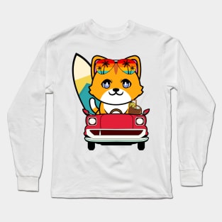 Cute orange cat driving to the beach Long Sleeve T-Shirt